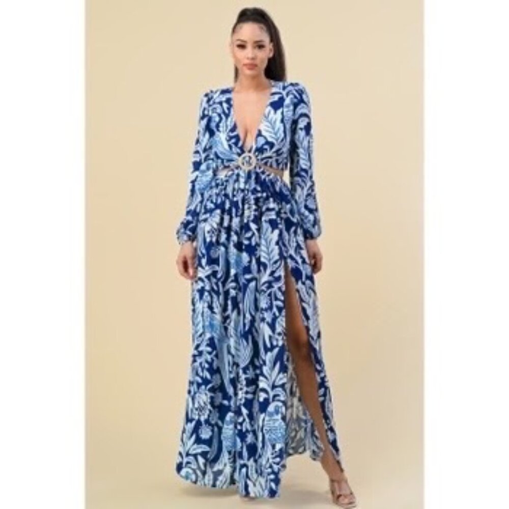 Blue & White Floral Maxi Dress with Plunge Neckline and Side Slit
